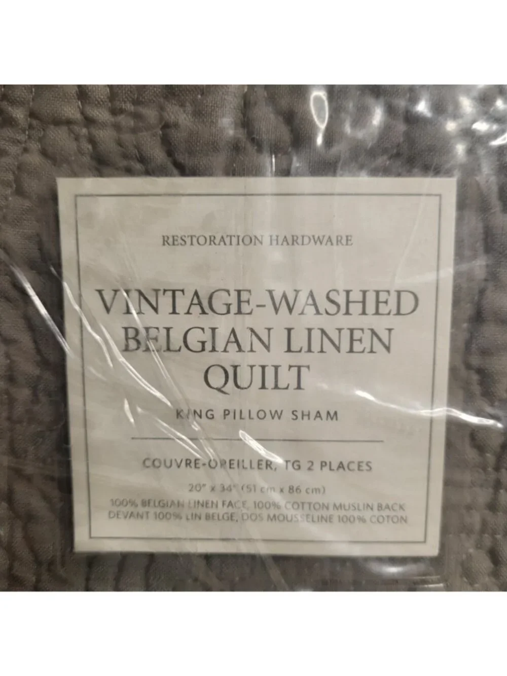 Restoration Hardware Vintage Washed Belgian Linen Quilted King Pillow Sham Fog